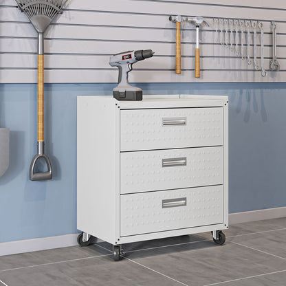 MidHeight Cabinet with 3 drawers on wheels in white, diamond-plate design, displayed in organized garage with tools on wall__White