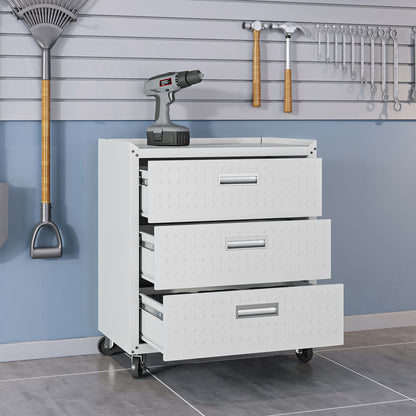 Garage Cabinet Sets with 3 open drawers on wheels, drill on top, tools hung on slatwall behind in organized garage__White