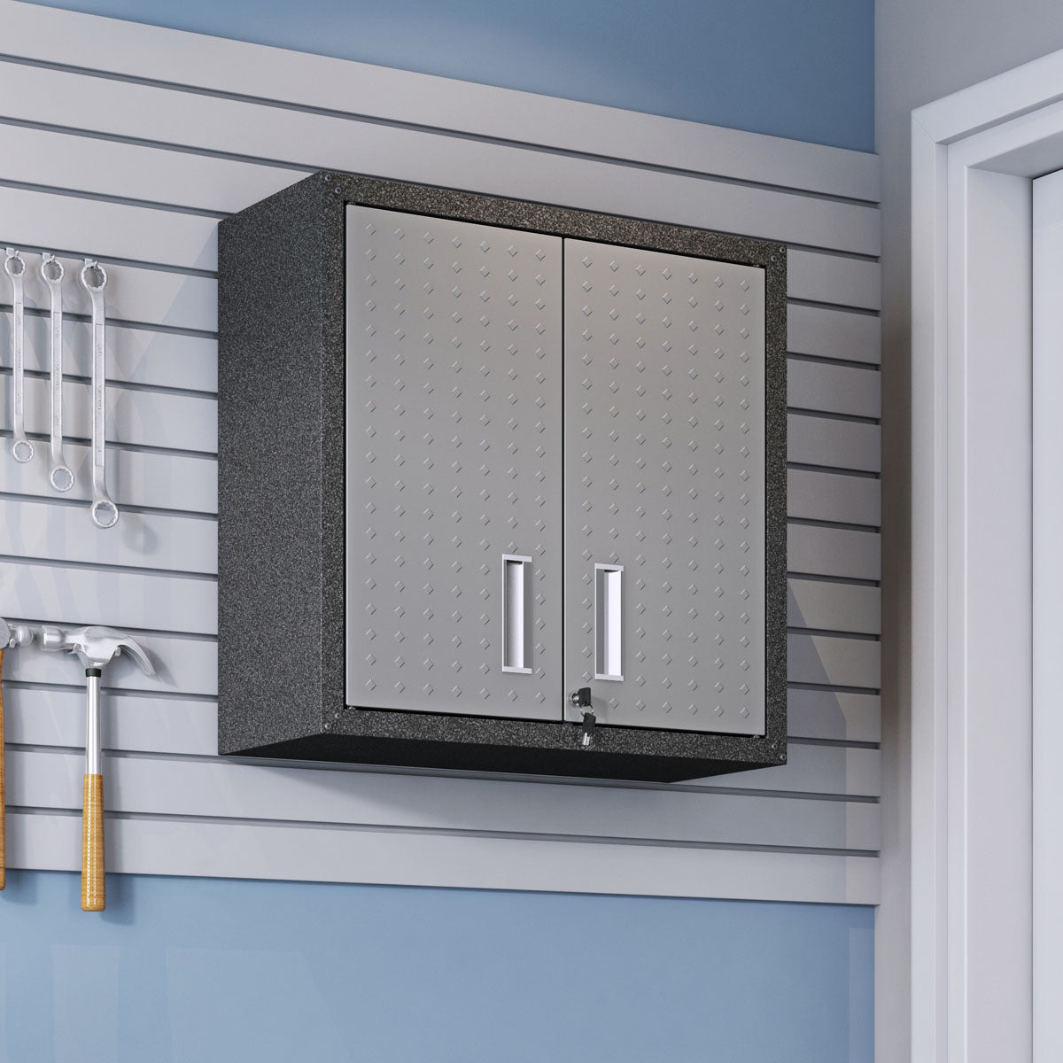 30" Wall Mounted Garage Cabinets, Space-Saving Storage on a wall with tools hanging beside it__DarkGray