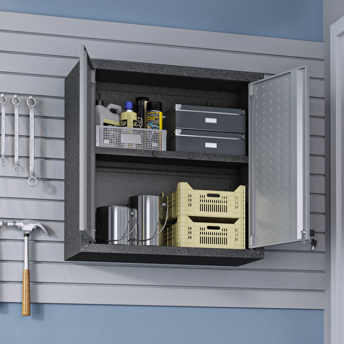 10 Piece Garage Cabinets, Drawer|Shelf|Wall Storage featuring organized wall cabinet with shelves and storage bins__DarkGray