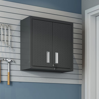 30" Wall Mounted Garage Cabinets, Space-Saving Storage mounted on wall with tools beside it__CharcoalGray