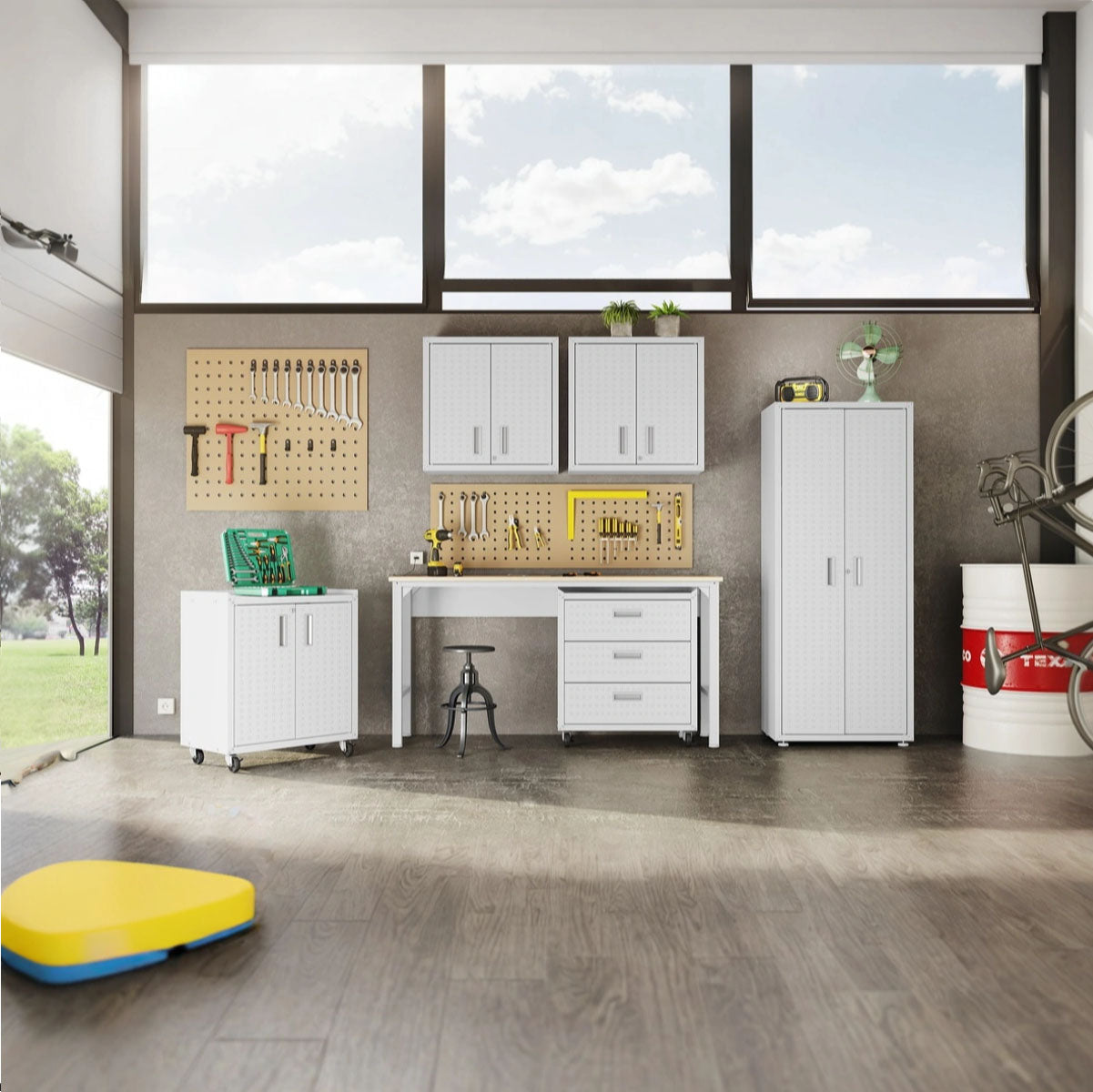 30" Wall Mounted Garage Cabinets, Space-Saving Storage in a modern garage with tools and workspace__White