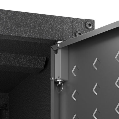 Garage Cabinet Sets heavy-duty hinge and lock detail on textured steel door with diamond plate pattern__CharcoalGray