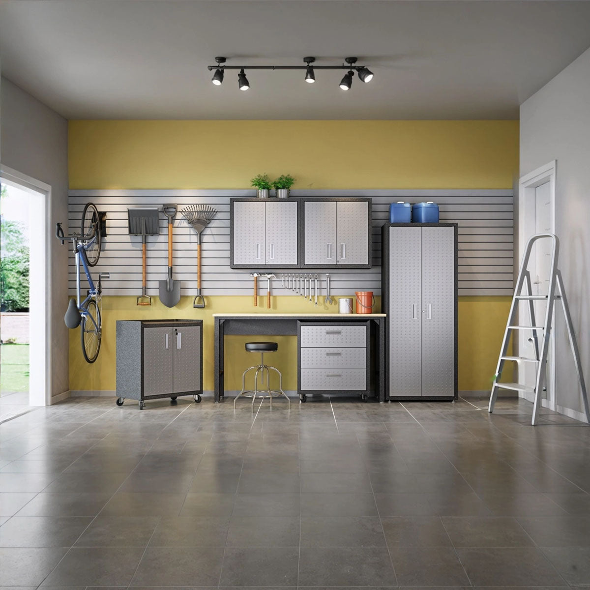 Garage Cabinet Sets system with workbench, slatwall tool storage, bike mount, and tall cabinets in a clean organized garage__DarkGray