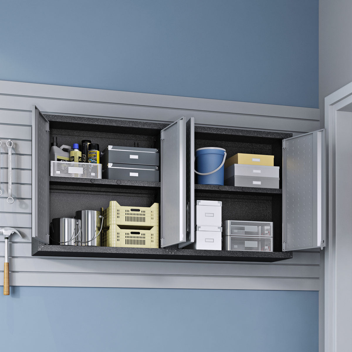 Garage Cabinet Sets wall-mounted system with open doors showing organized tools, boxes, and supplies in a modern garage__DarkGray