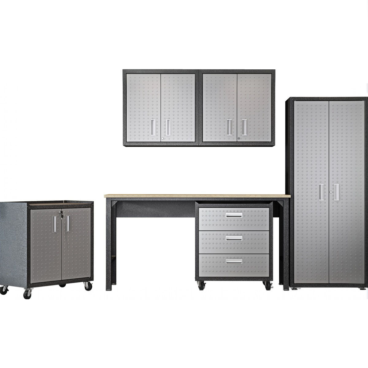 Garage Cabinet Sets 6-piece system with wall cabinets, workbench, rolling drawers, and tall storage unit in silver and black__DarkGray