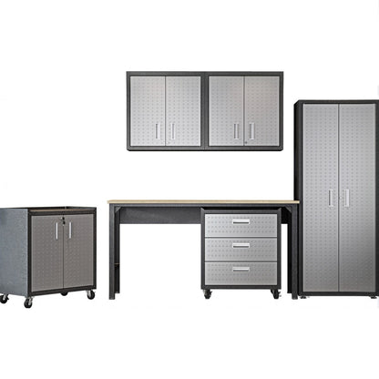 Garage Cabinet Sets 6-piece system with wall cabinets, workbench, rolling drawers, and tall storage unit in silver and black__DarkGray