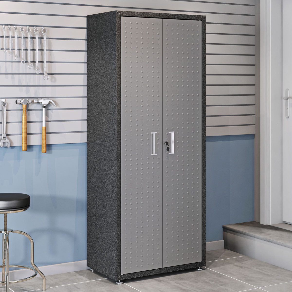 Garage Cabinet Sets system featuring a tall two-door metal locker with diamond-plate doors and lock in organized garage__DarkGray