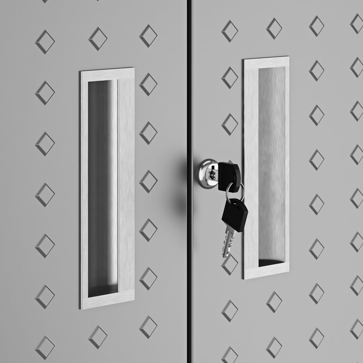 Garage Cabinet Sets double-door close-up with brushed metal handles, key lock, and diamond-embossed gray steel panels__DarkGray