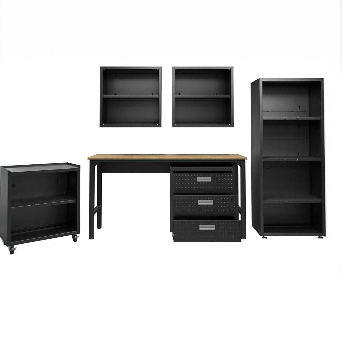 Garage Cabinet Sets 6-piece system with workbench, wall cabinets, rolling cart, and tall shelving unit in matte black__CharcoalGray