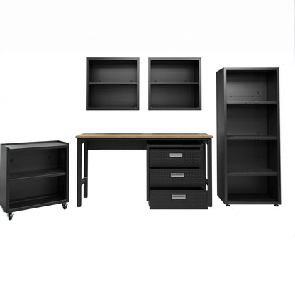 Garage Cabinet Sets 6-piece system with workbench, wall cabinets, rolling cart, and tall shelving unit in matte black__CharcoalGray