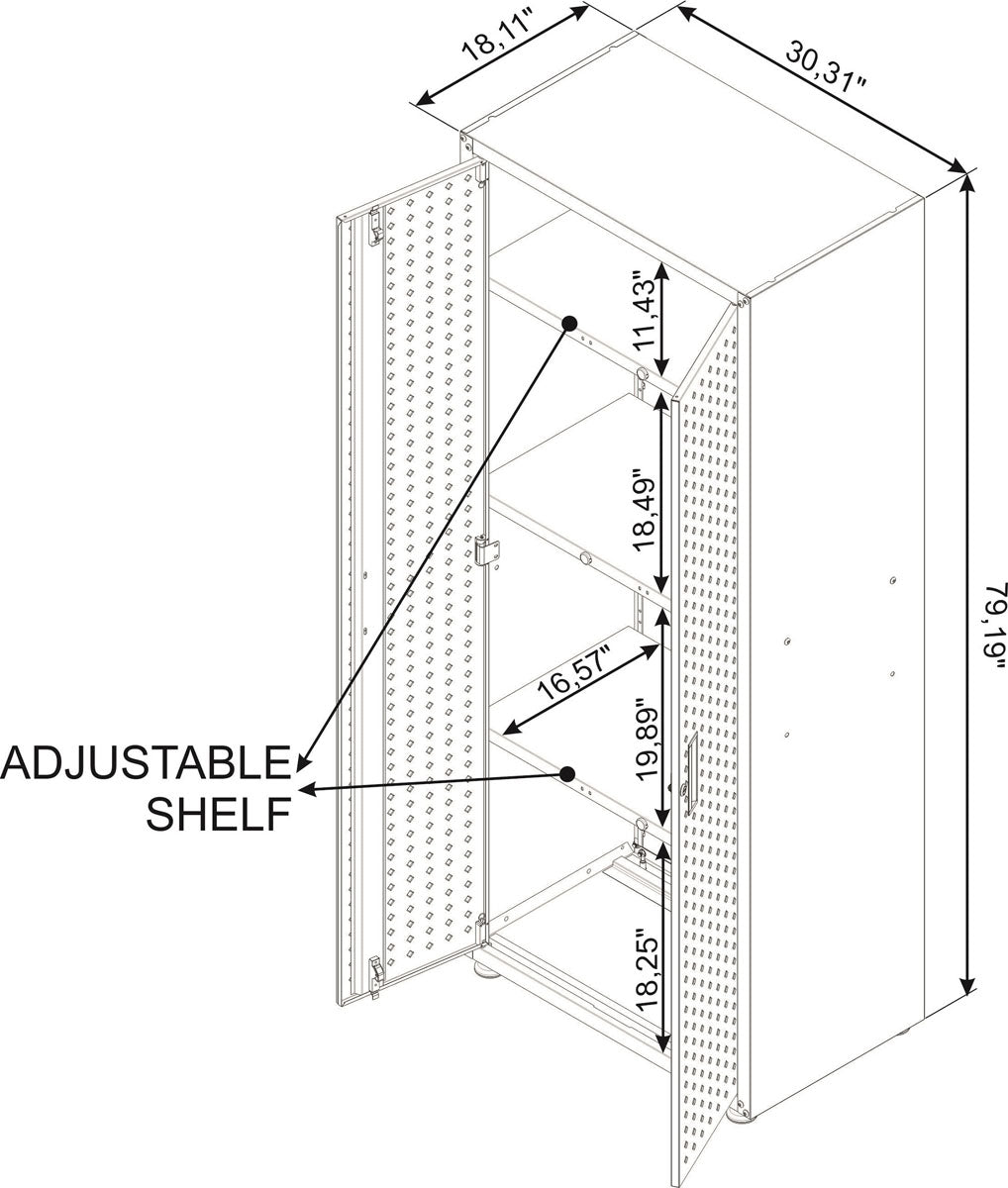 Garage Cabinet Sets technical drawing showing 6-piece storage system dimensions: 79.19"H x 30.31"W with adjustable shelving__All
