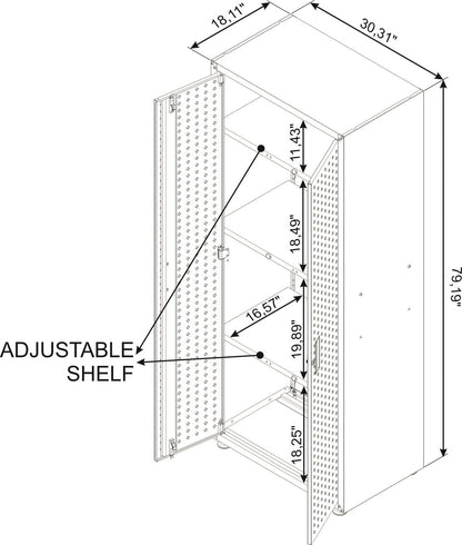 Garage Cabinet Sets technical drawing showing 6-piece storage system dimensions: 79.19"H x 30.31"W with adjustable shelving__All