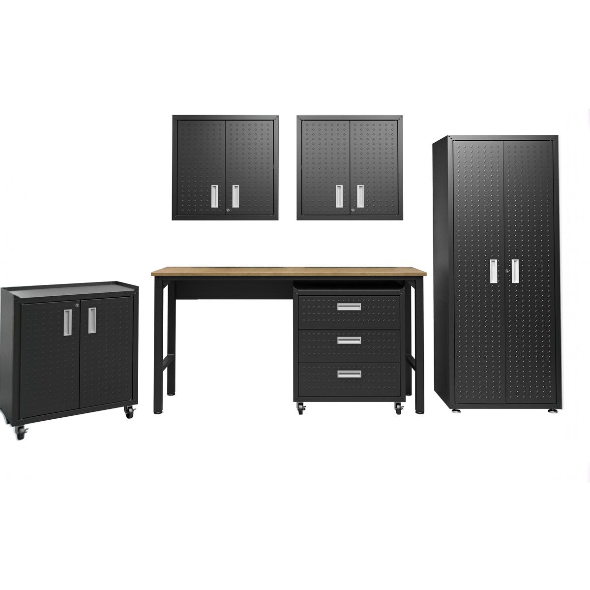 Garage Cabinet Sets 6-piece system with wall cabinets, workbench, rolling drawers, and tall storage unit in charcoal black__CharcoalGray