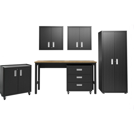 Garage Cabinet Sets 6-piece system with wall cabinets, workbench, rolling drawers, and tall storage unit in charcoal black__CharcoalGray
