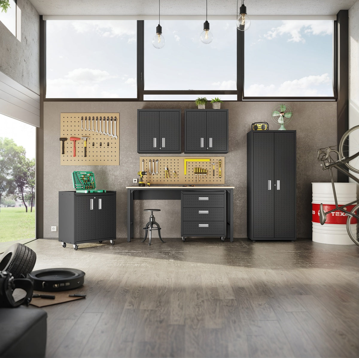 Garage Cabinet Sets 6-piece system with workbench, pegboards, and rolling units in a modern organized workshop space__CharcoalGray