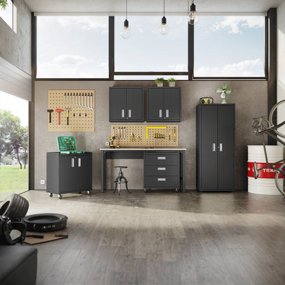 Garage Cabinet Sets 6-piece system with workbench, pegboards, and rolling units in a modern organized workshop space__CharcoalGray
