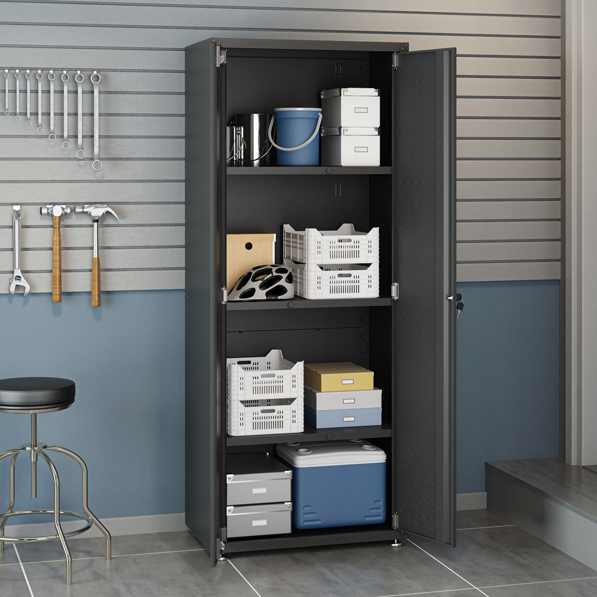 Garage Cabinet Sets system with open double-door steel unit displaying organized tools, bins, and boxes in a modern garage__CharcoalGray