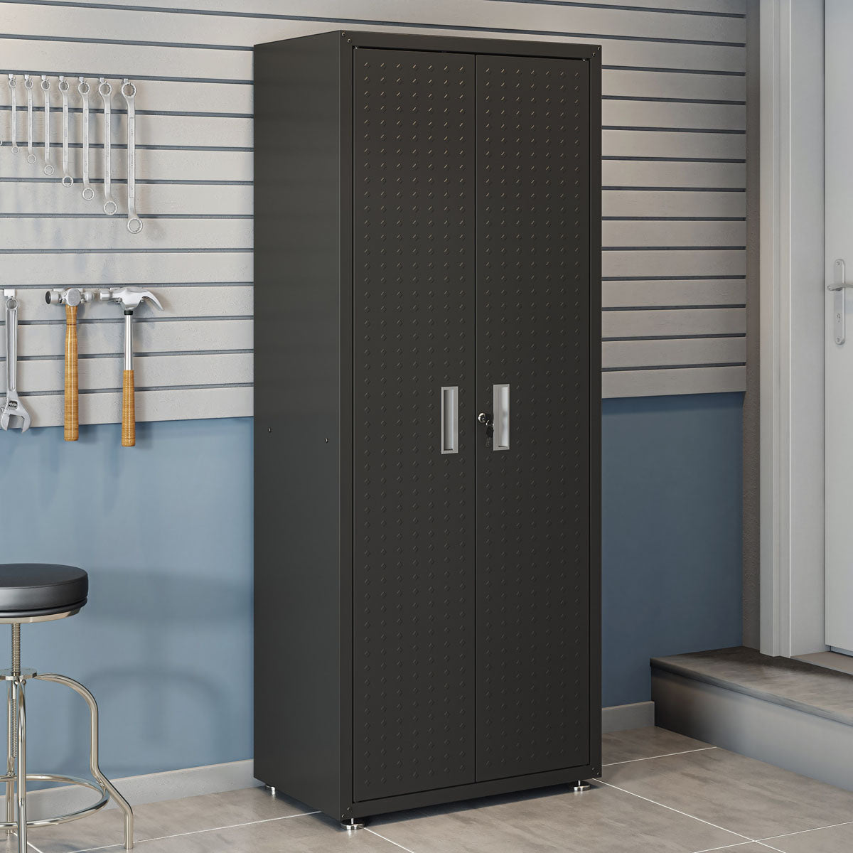 Garage Cabinet Sets 6-piece system featuring tall black metal storage unit with locking doors in an organized workshop__CharcoalGray