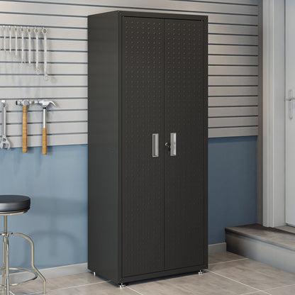 Garage Cabinet Sets 6-piece system featuring tall black metal storage unit with locking doors in an organized workshop__CharcoalGray