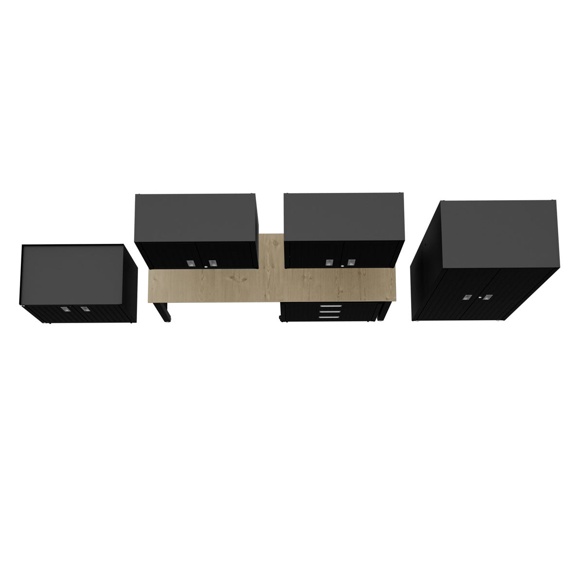 Garage Cabinet Sets 6-piece black modular storage system with wood-top workbench, overhead view showing complete layout__CharcoalGray