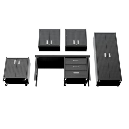Garage Cabinet Sets 6-piece system with wall cabinets, rolling units, tall wardrobe, and workbench in charcoal gray metal__CharcoalGray