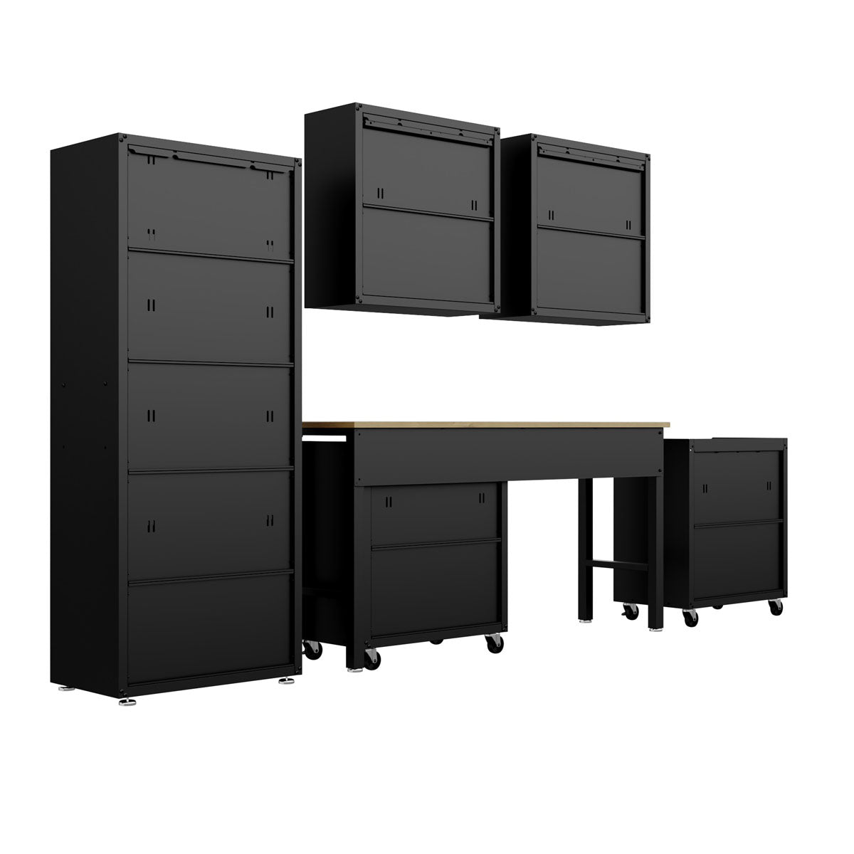 Garage Cabinet Sets 6-piece system with tall storage tower, wall cabinets, workbench, and mobile rolling units in matte black__CharcoalGray