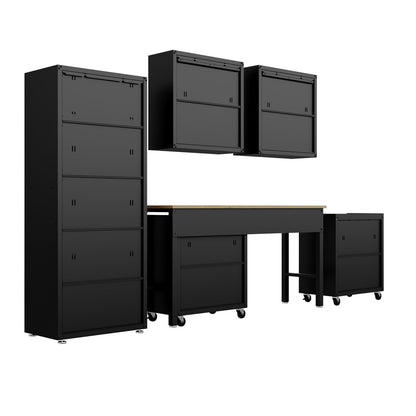 Garage Cabinet Sets 6-piece system with tall storage tower, wall cabinets, workbench, and mobile rolling units in matte black__CharcoalGray