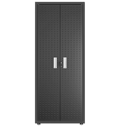 Garage Cabinet Sets 6-piece system featuring a tall dark metal storage unit with diamond-textured doors and silver handles__CharcoalGray
