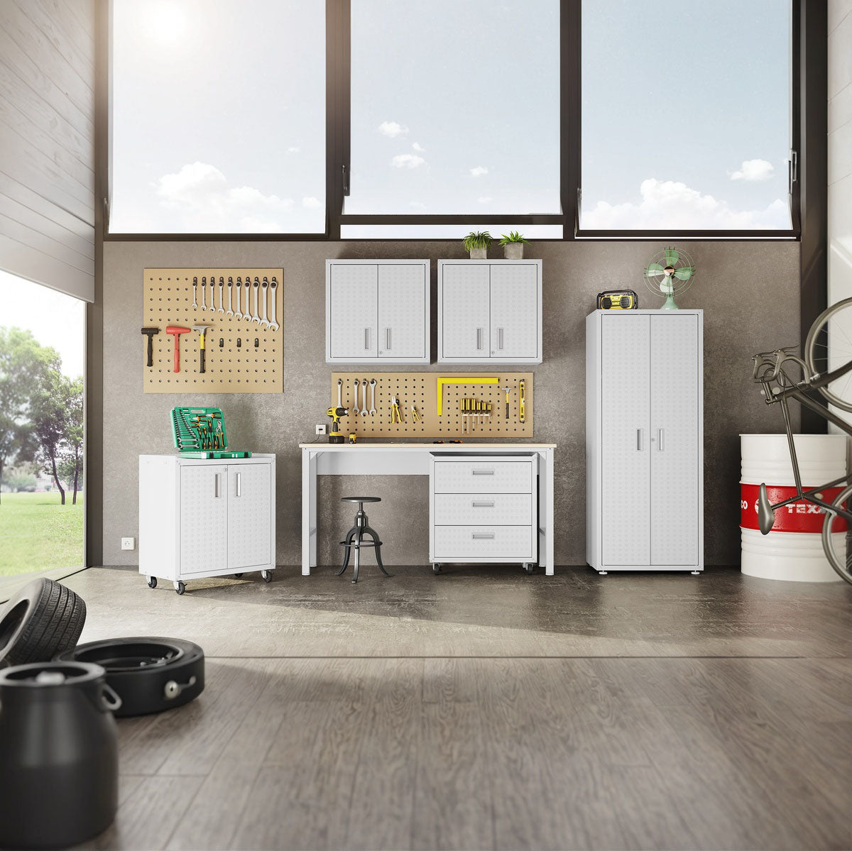 Garage Cabinet Sets 6-piece white storage system with workbench, pegboards, and rolling cabinets in a modern organized garage__White