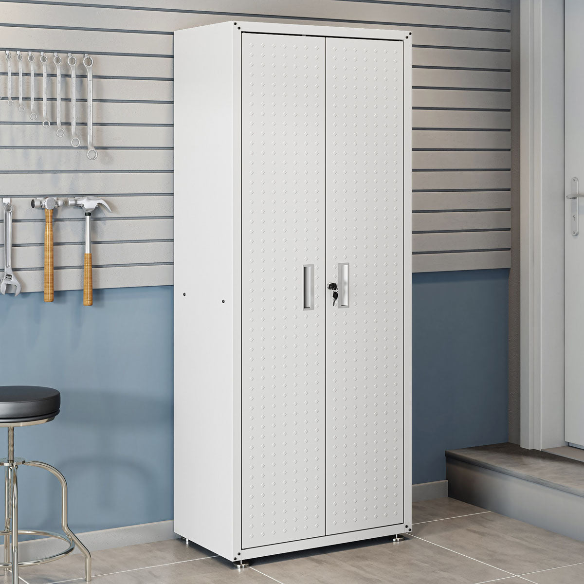 Garage Cabinet Sets 6-piece white tall storage unit with lockable doors displayed in an organized garage workspace__White