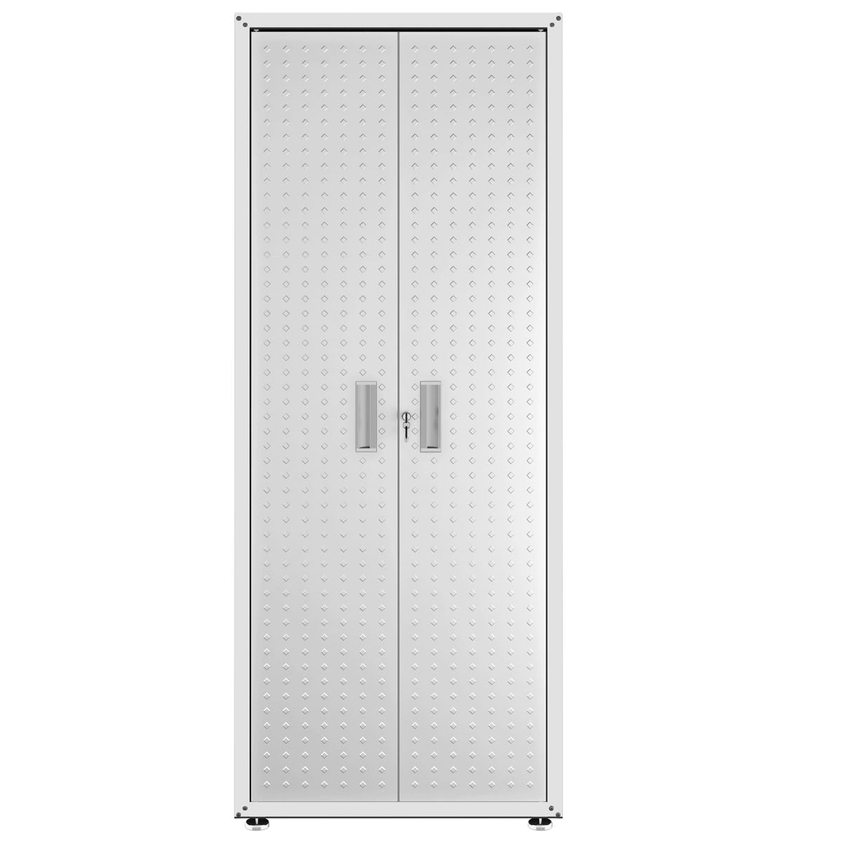 Garage Cabinet Sets tall steel unit with diamond-plate doors, dual handles, and center lock for secure organized storage__White