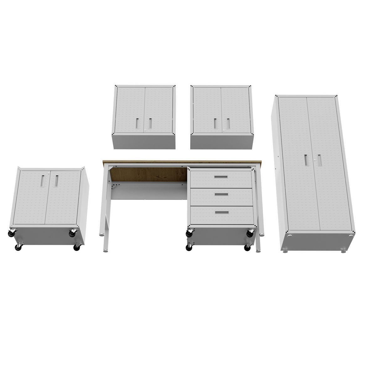 Garage Cabinet Sets 6-piece white storage system with workbench, drawers, rolling cabinets, and tall wardrobe unit__White