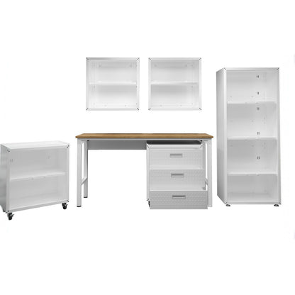 Garage Cabinet Sets 6-piece white storage system with workbench, wall cabinets, tall shelving, and rolling cart__White
