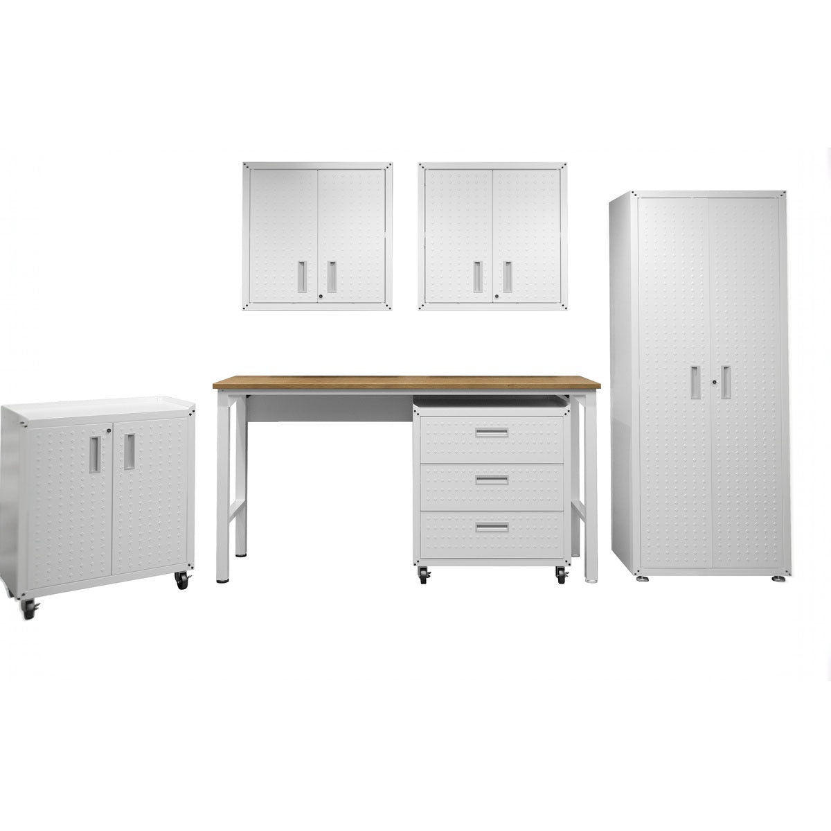 Garage Cabinet Sets 6-piece white steel storage system with workbench, tall cabinet, wall cabinets, and rolling units__White