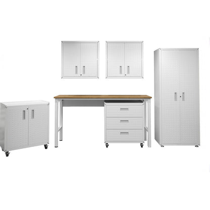 Garage Cabinet Sets 6-piece white steel storage system with workbench, tall cabinet, wall cabinets, and rolling units__White