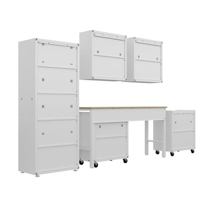 Garage Cabinet Sets 6-piece white storage system with tall cabinet, wall cabinets, workbench, and mobile rolling units__White