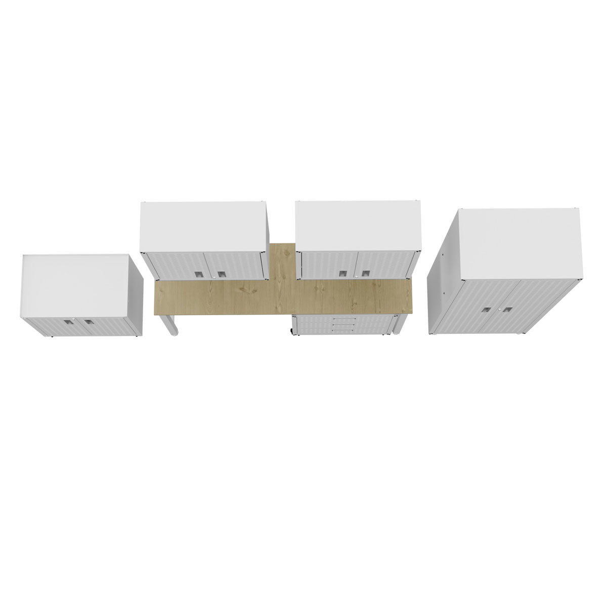 Garage Cabinet Sets overhead view showing 6-piece white modular storage system with wood-tone workbench centerpiece__White