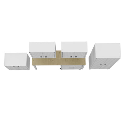 Garage Cabinet Sets overhead view showing 6-piece white modular storage system with wood-tone workbench centerpiece__White