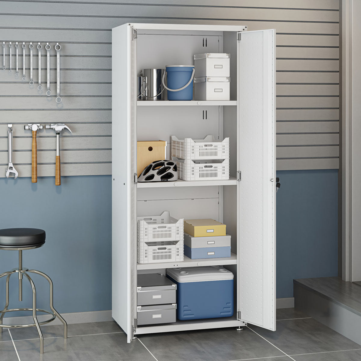 Garage Cabinet Sets system with open doors showing organized shelves holding tools, bins, and storage boxes in a modern garage__White