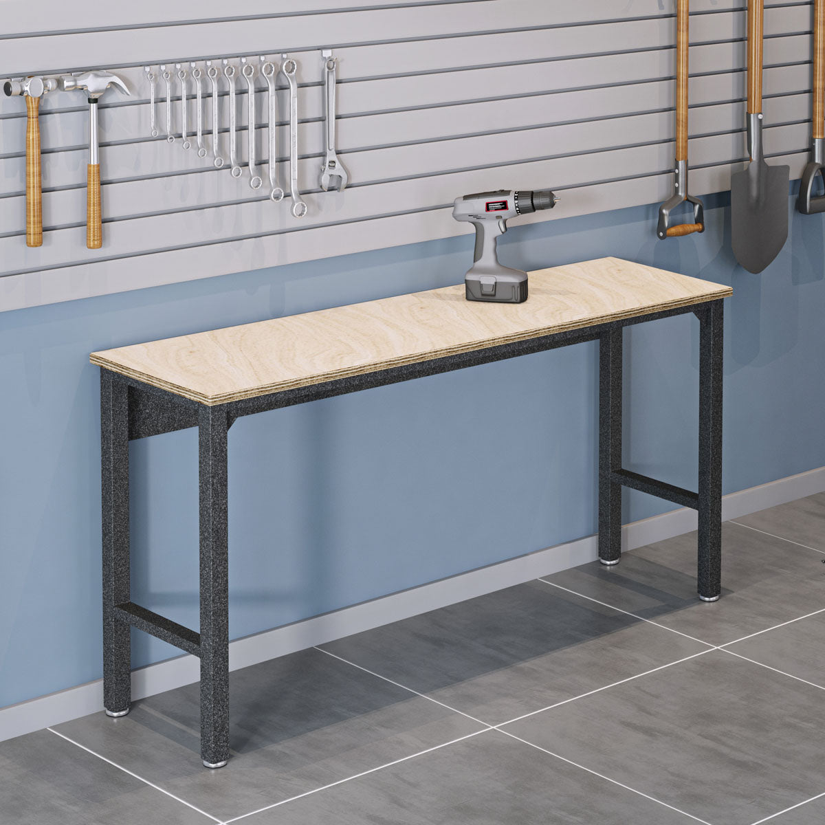 Standard Benches 72" garage workbench with wood top, metal frame, drill on surface, tools hanging on slatwall behind it.__DarkGray