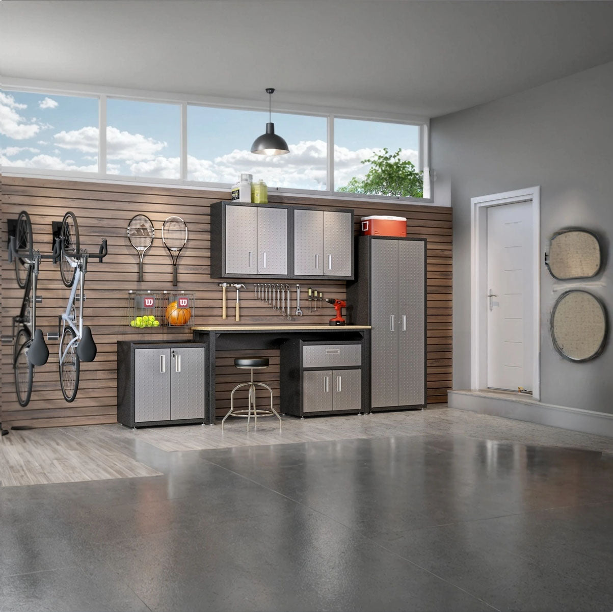 Standard Benches garage workstation with metal cabinets, pegboard tool storage, and slatwall organizers in a modern organized garage__DarkGray