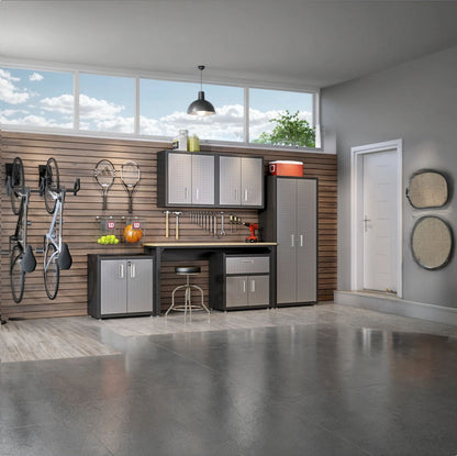 Standard Benches garage workstation with metal cabinets, pegboard tool storage, and slatwall organizers in a modern organized garage__DarkGray