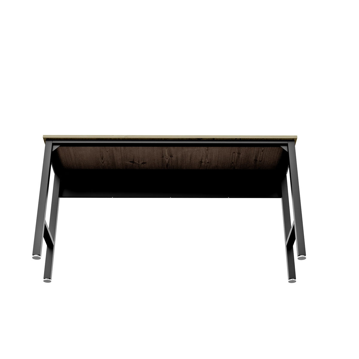 Standard Benches 72" garage workbench with light wood top, dark wood modesty panel, and black A-frame metal legs__CharcoalGray