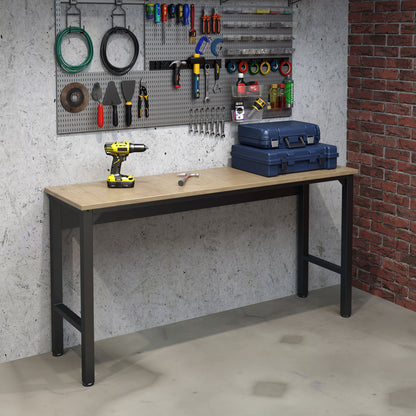 Standard Benches 72" garage workbench with wood top, drill, and tool cases, backed by pegboard wall organizer__CharcoalGray