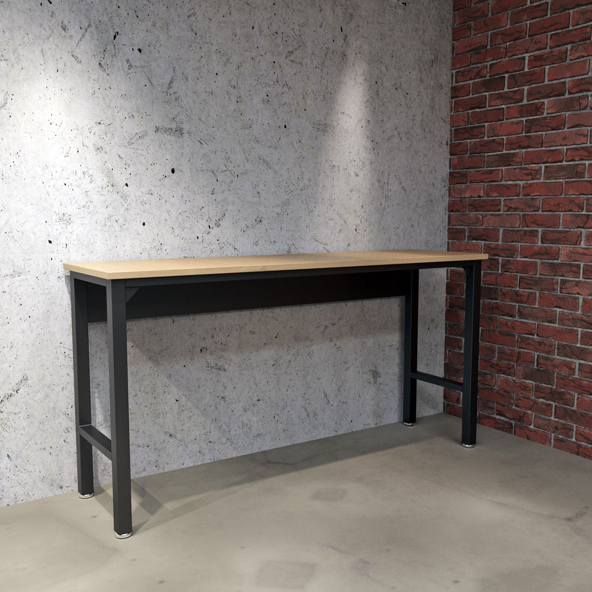 Standard Benches 72" garage workbench with wood top and black steel frame against concrete and brick wall__CharcoalGray