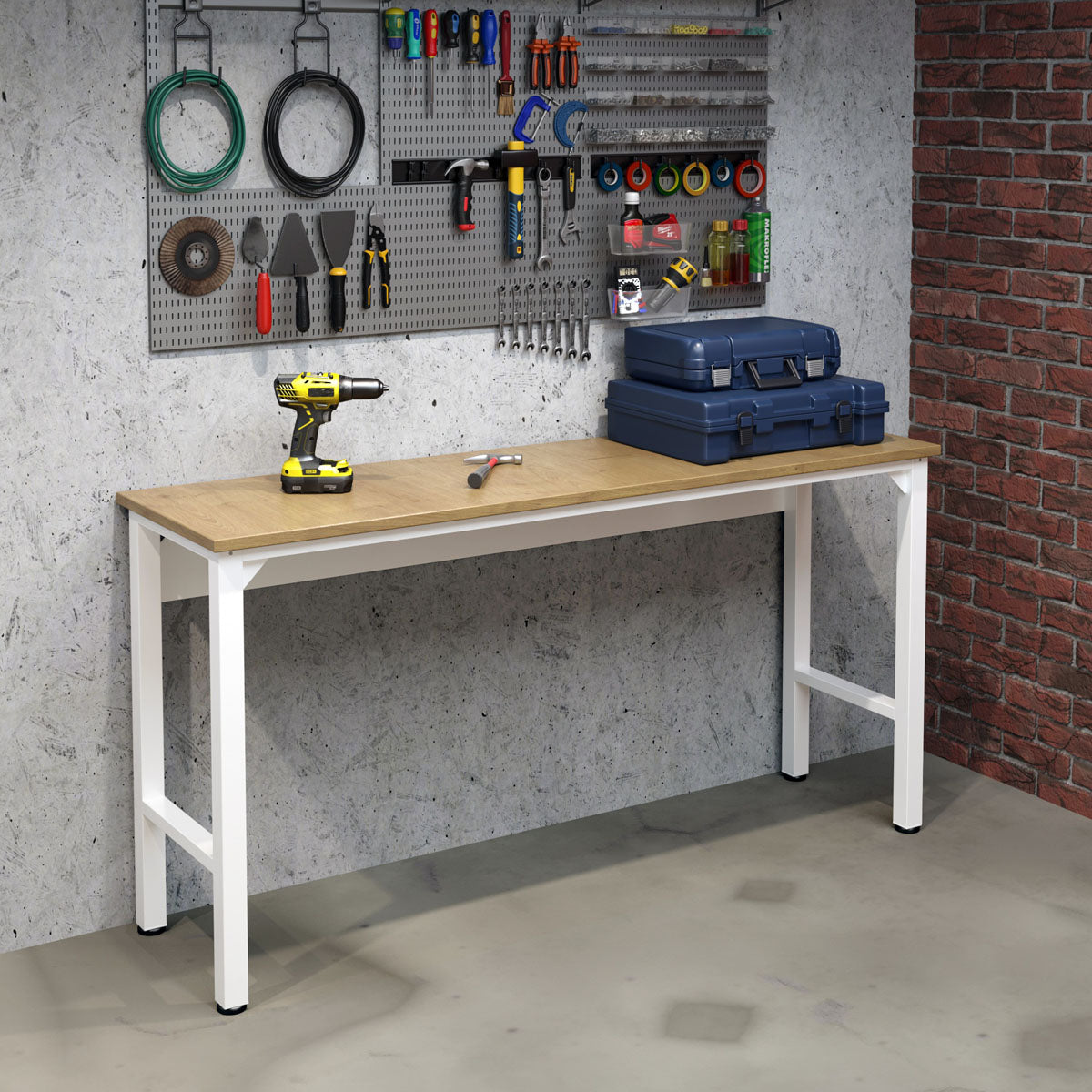 Standard Benches 72" garage workbench with wood top and white steel frame, holding a drill and tool cases in a workshop__White