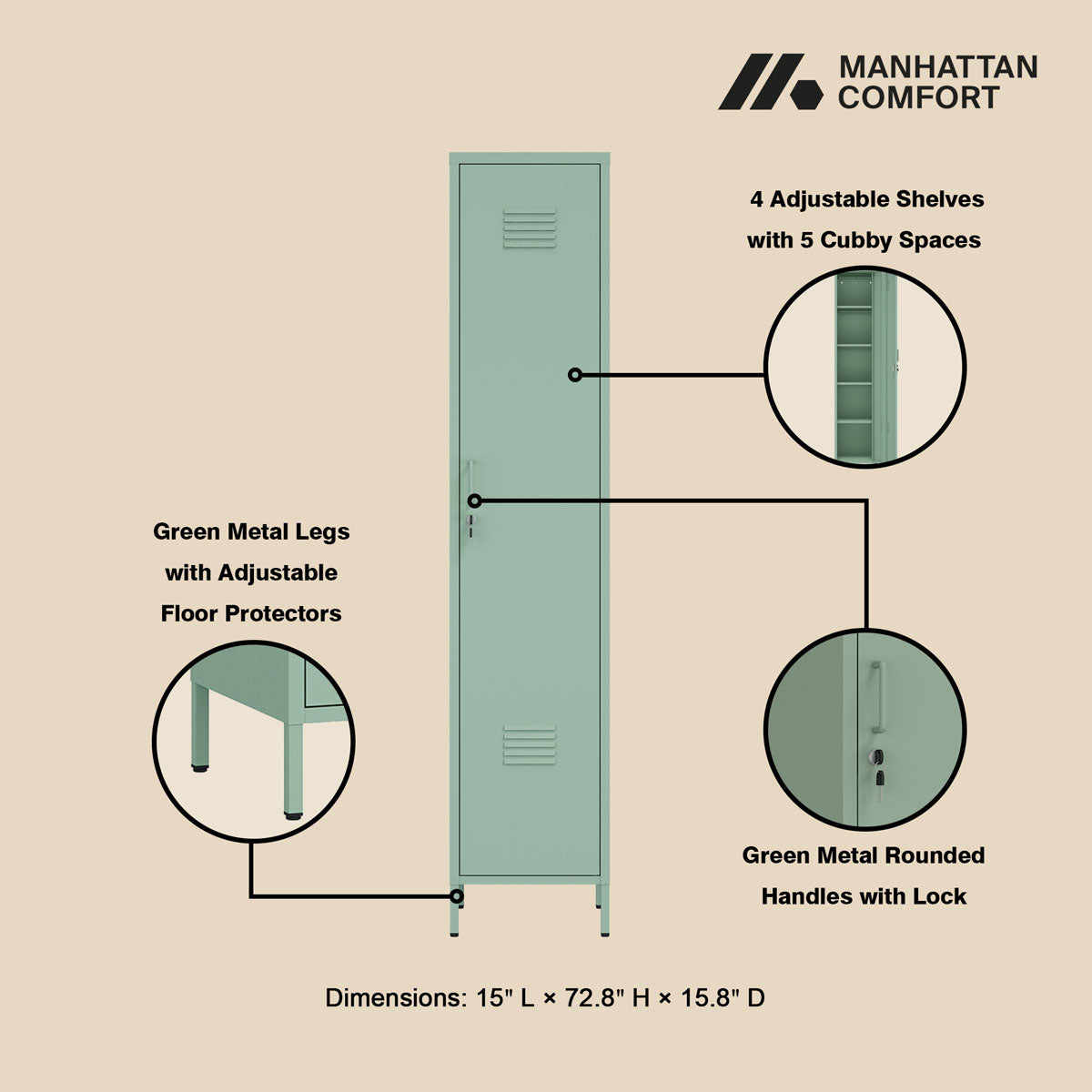 Narrow Garage Cabinets, 15" Metal Storage, Slim Design with adjustable shelves and green metal legs__Green
