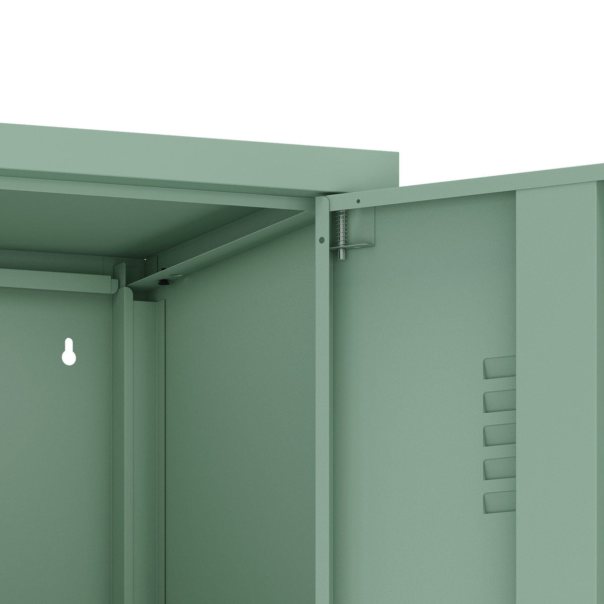 Narrow Garage Cabinets, 15" Metal Storage, Slim Design interior view showing cabinet structure and hinges__Green