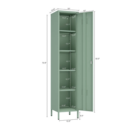 Narrow Garage Cabinets, 15" Metal Storage, Slim Design with multiple shelves and dimensions shown for organization__Green